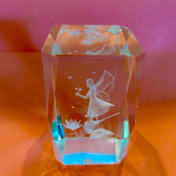 3D Crystal Fairy Figurine With Dragonfly Lotus Flower Glass Cube Paperweight - Picture 1 of 6